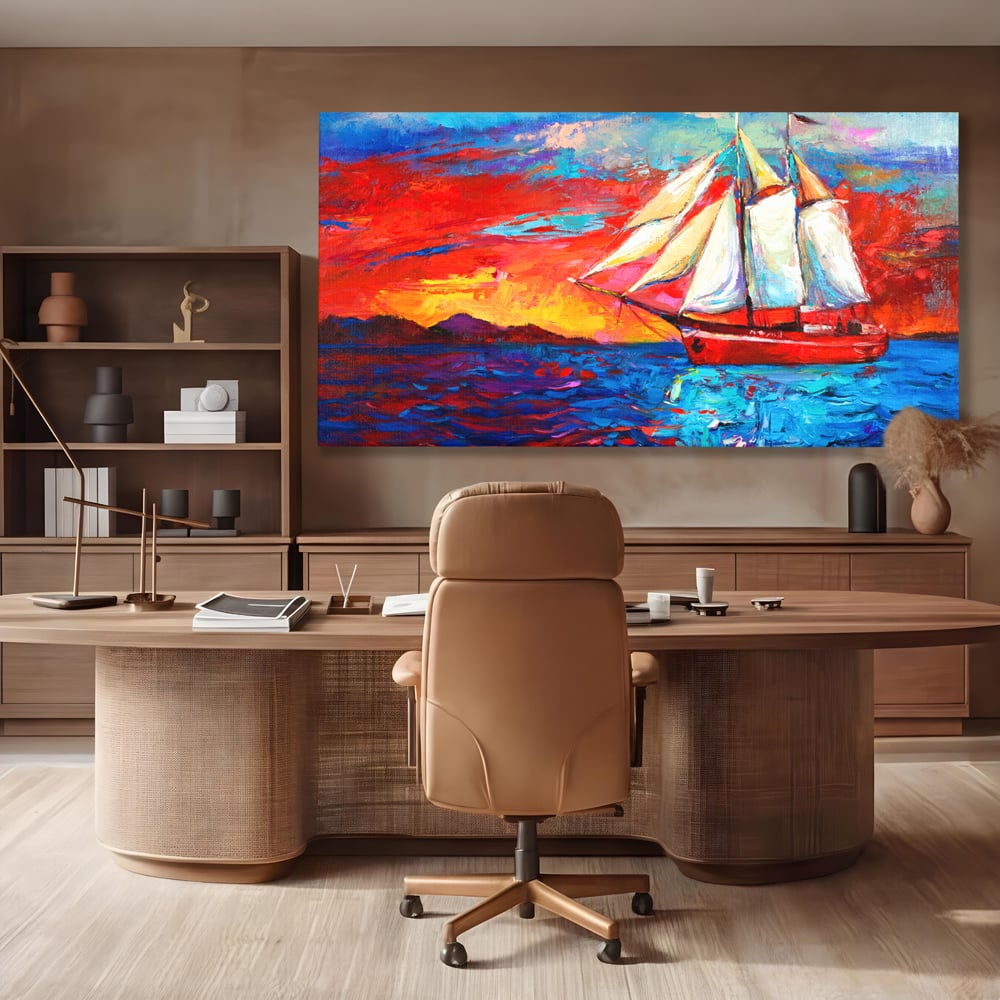 Tablou canvas cu tablou canvas cu vapor cu vele pe mare, fara rama, pe sasiu de lemn, pe perete intr-un birou